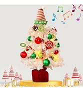 Mini White Christmas Tree, Small Flocked Christmas Tree with Lights and Music Tabletop Artificial...