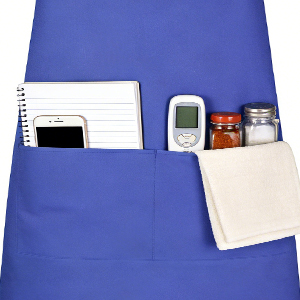 Front features two large reinforced pockets for phone, recipe book, thermometer, seasonings, etc