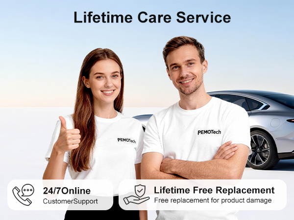 Text reads: 'Lifetime Care Service', '24/7 Online', 'Lifetime Free Replacement'. Service banner showing customer support icons and people in white branded t-shirts with vehicles in background.