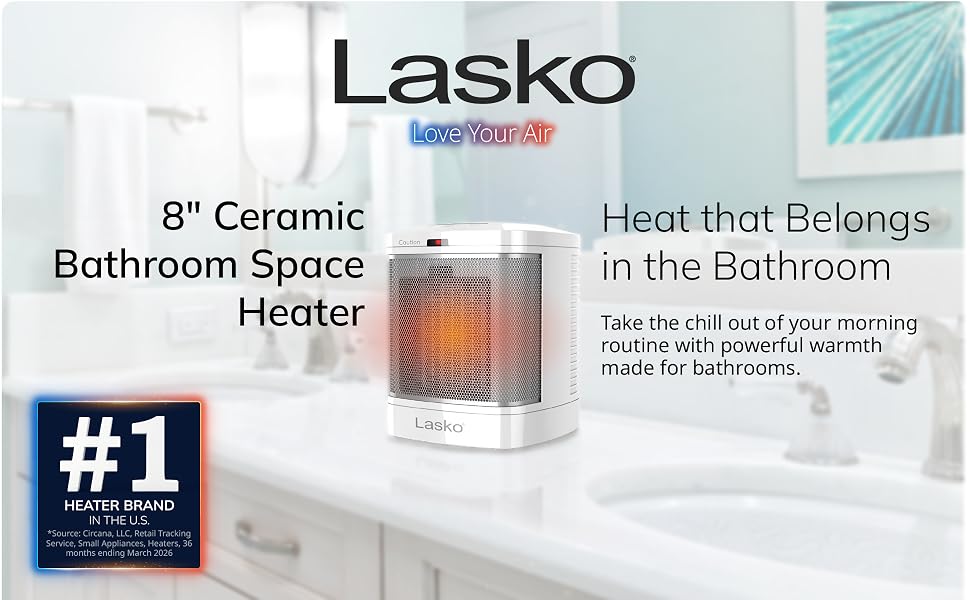 Image of lasko bathroom ceramic heater with text reading heat that belongs in the bathroom.