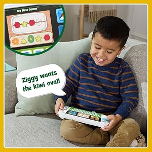 Kid plays the Shape Snacks game. Toy: Ziggy wants the kiwi oval!