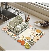 CQKEDMA Scalloped Dish Drying Mats for Kitchen Counter, Orange Flowers for Spring Summer, Cute Co...