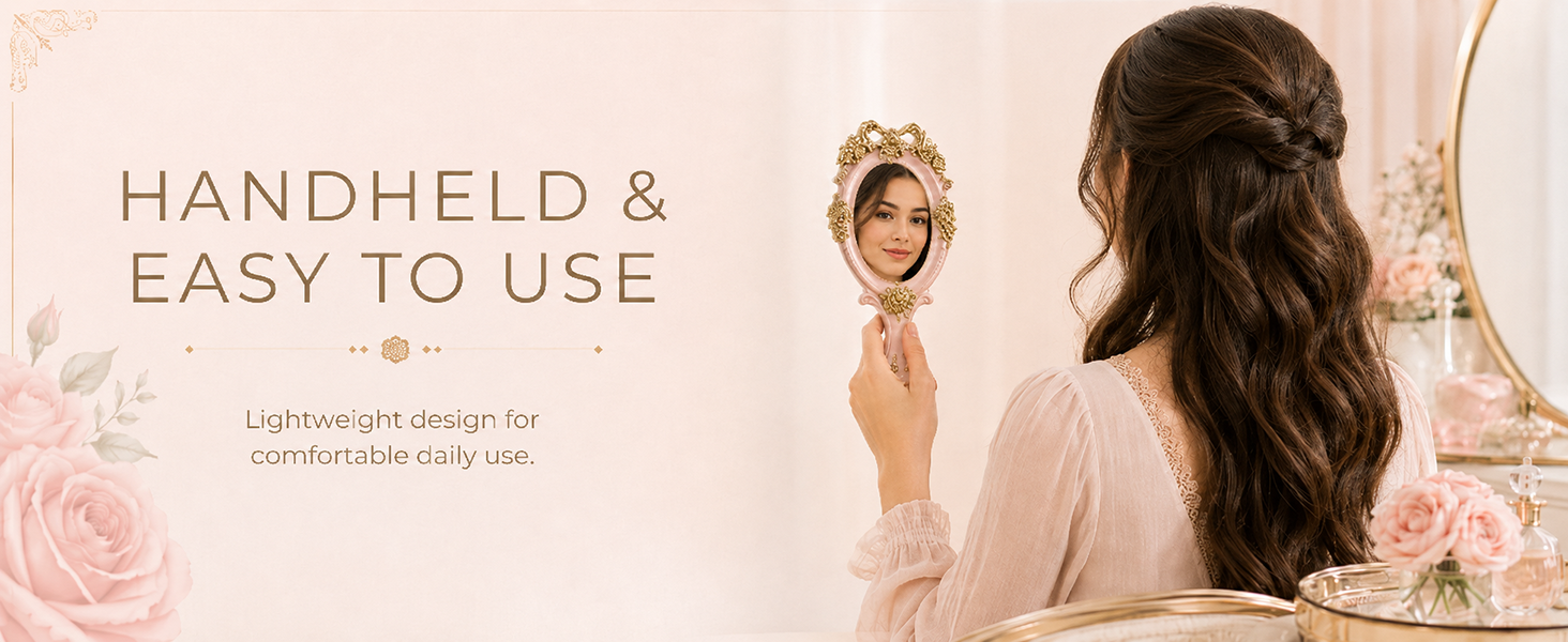 Portable Oval Embossed Rose Mirrors Decorative Desk Girl Student Vintage Beautiful Handle Mirror