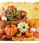 HAKACC 14 PCS Artificial Lifelike Simulation Mixed Pumpkins Fake Pumpkins with 30PCS Fake Maple L...