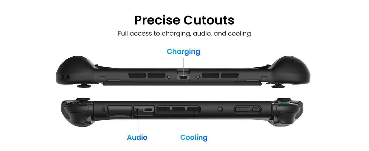 Text reads 'Audio' and 'Cooling' on screen display. Black gaming device or controller with curved ergonomic design and LED indicators.