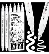 TECADA 6 White Acrylic Paint Markers, Dual-Tip Acrylic Paint Pen for Rock, Fabric, Wood, Plastic,...