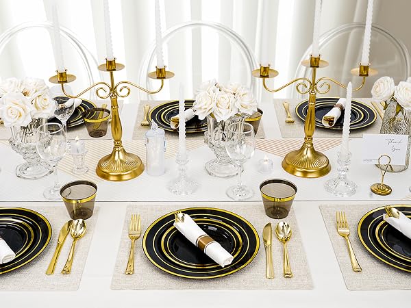 black and gold disposable dinnerware set gold silverware set party wedding memorable enjoyable