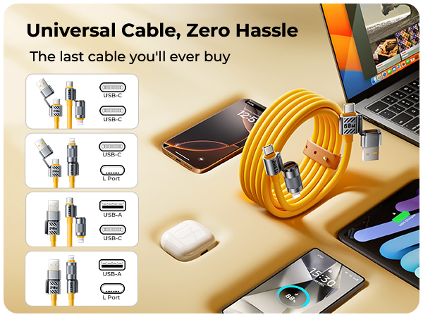 Silicone Multi Cords 4 in 1 USB C Cable Compatible with Lightning Cable 60W Fast Charge