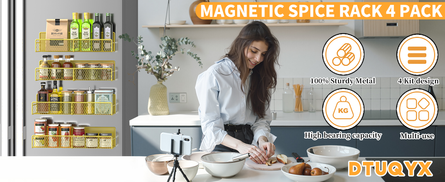 Magnetic Spice Rack for Refrigerator, 4 Pack 100% Metal Strong Magnet Shelf Black,Spice Organizer