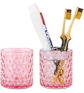 Fvstar 2pcs Pink Toothbrush Holders for Bathrooms, Glass Toothbrush Holder and Bathroom Tumbler C...