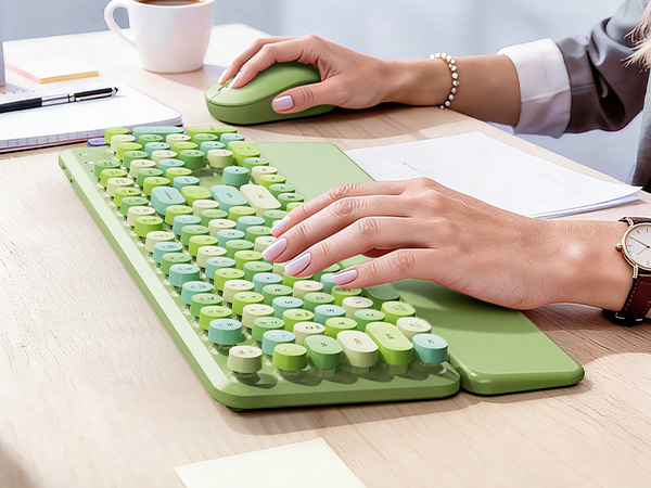 Close-up of hands using green keyboard with wrist rest and mouse on a work desk