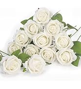 uehdydh 12 Pcs White Roses Artificial Flowers, Real Touch Fake Velvet Flowers with Stems in Bulk ...