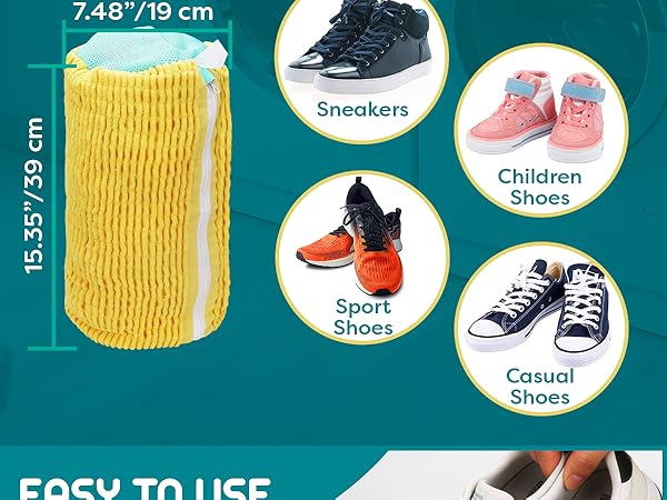 Text reads 'EASY TO USE'. Shows yellow microfiber cleaning mitt with dimensions '7.48"/19 cm' by '15.35"/39 cm', alongside icons for sneakers, children shoes, sport shoes, and casual shoes.