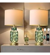 Oneach 22" Glass Table Lamps Set of 2, Green Modern Bedside Lamp with LED Night Light for Living ...
