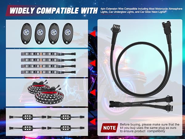 4PCS 4 Pin RGB Motorcycles Light Extension Wire