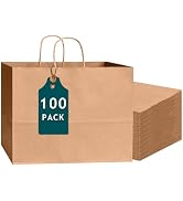 Bakepacker 100-Pack Wide Large Size Paper Bags With Handles Bulk 12.6"x4.3"x10" Brown Party Kraft...