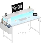 Lufeiya White Computer Desk with LED Lights and Power Outlets, 40 Inch Home Office Desks with Mon...
