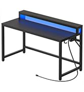 YATINEY 47.2" Computer Desk with Charging Station and LED Lights, Gaming Desk with Monitor Stand,...