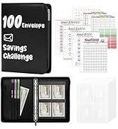 Ospelelf 100 Envelopes Money Saving Challenge Budget Planner Binder PU Leather Savings Book Zippe...