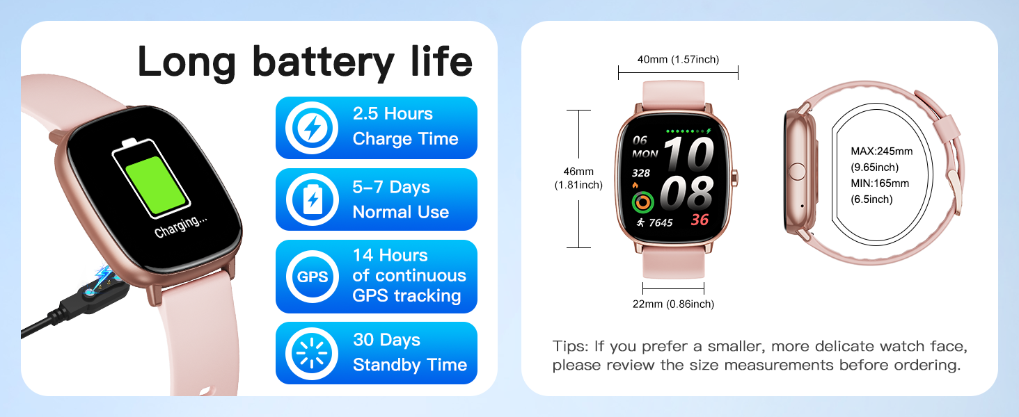 Smartwatch: 5-7 days normal use, 14h GPS tracking, 30 days standby. For travel, outdoors.