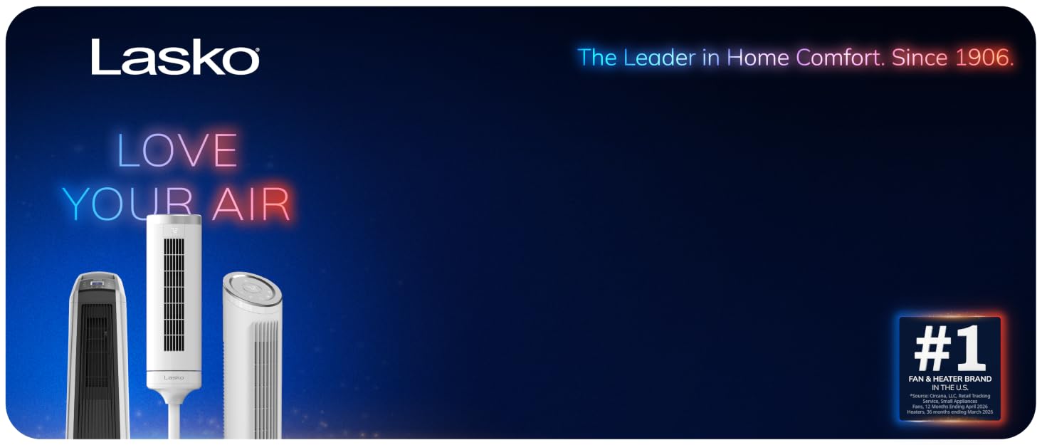 Image of three lasko tower fans with text reading love your air.