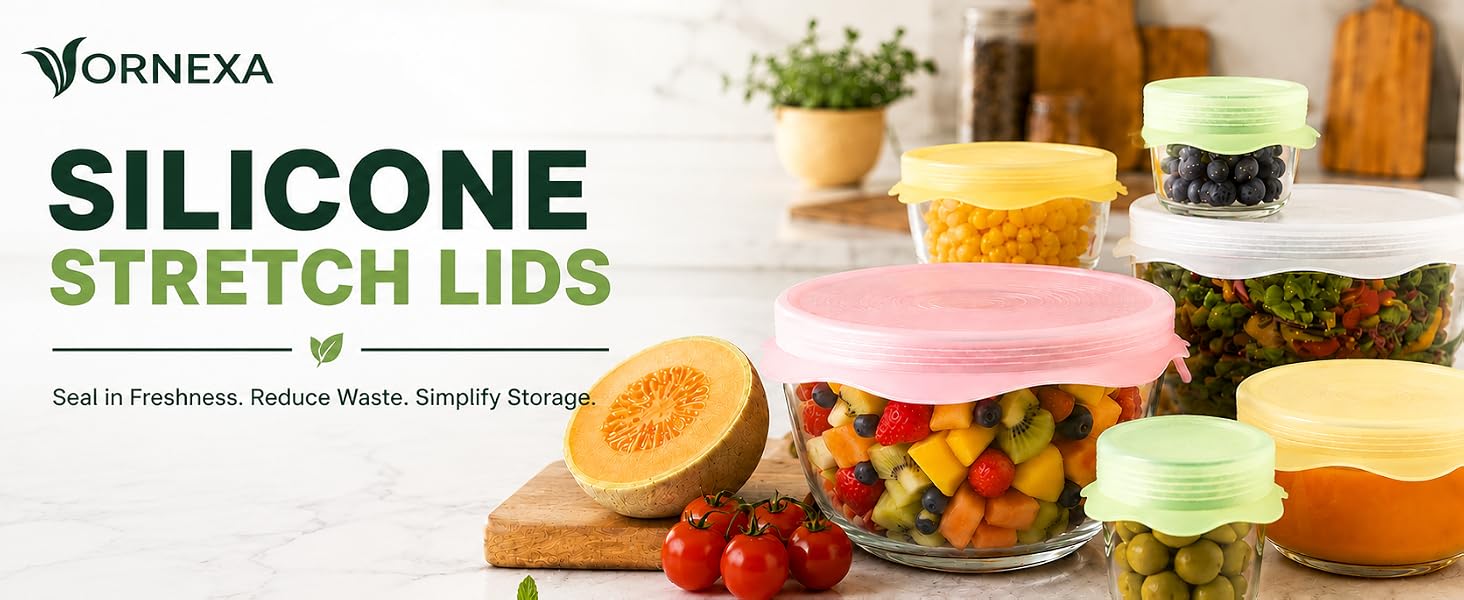 Vornexa silicone stretch lids covering glass bowls and food containers of different sizes.