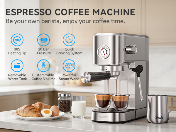 XIXUBX Espresso Machine 20 Bar 30s heating removable tank steam wand custom volume