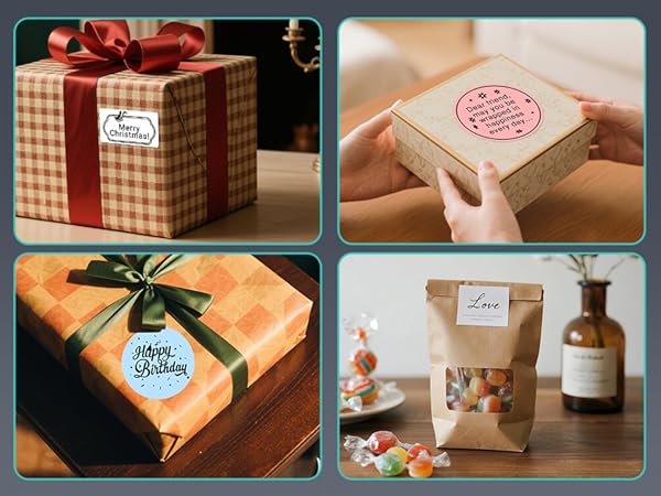 Series of gift wrapping images showing various wrapped packages with ribbon, bows, and decorative elements in warm, rustic styling.