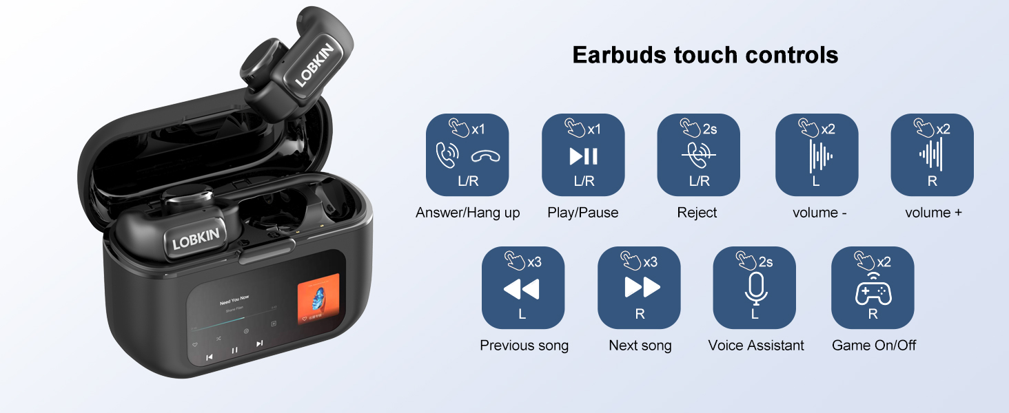 Wireless earbuds in charging case with touch control icons.