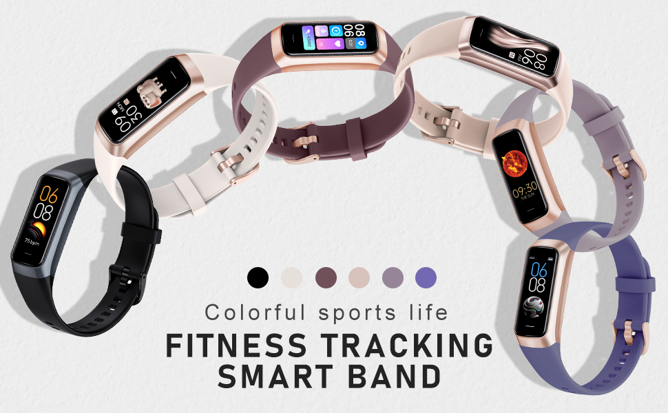 Text reads: 'FITNESS TRACKING SMART BAND, Colorful sports life'. Multiple smartwatch-style devices shown in various colors and angles.