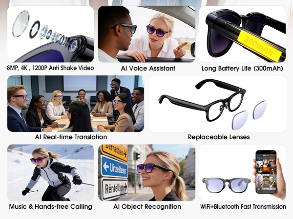 smart glasses with camera 4K,video recording camera glasses 4k with audio,ai sunglasses with camera