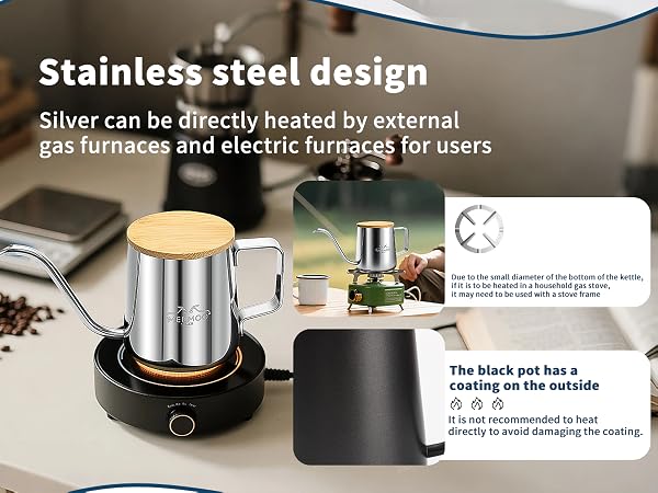 the silver coffee kettle can be directly heated by open fire