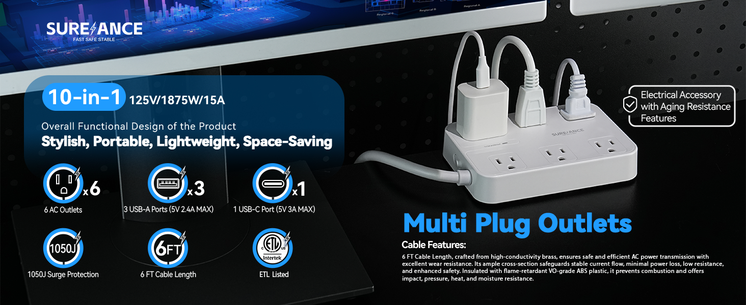 6 outlet power strip with 3 USB-A and 1 USB-C