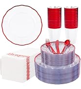 LIYH 350 Pcs Red Plastic Dinnerware Set for 50 Guests, Clear Disposable Plastic Plates with Red R...