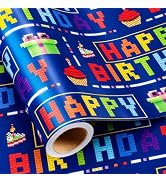 Burymento Boys Birthday Wrapping Paper, 17 Inx 16.4 Ft, Blue Gift Wrap | Funny Blue Pixel Happy B...