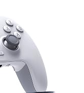 Close-up view of a white gaming controller showing multiple buttons and control pad details against light background.