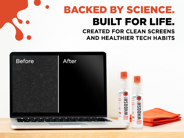 Before & After image showing a dirty vs. clean laptop screen with WHOOSH! cleaner and cloth.