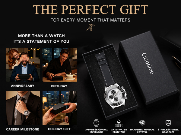 Casotime Watches for Men Leather Band Chronograph for Business,Casual,Everyday Wear Gift for Men