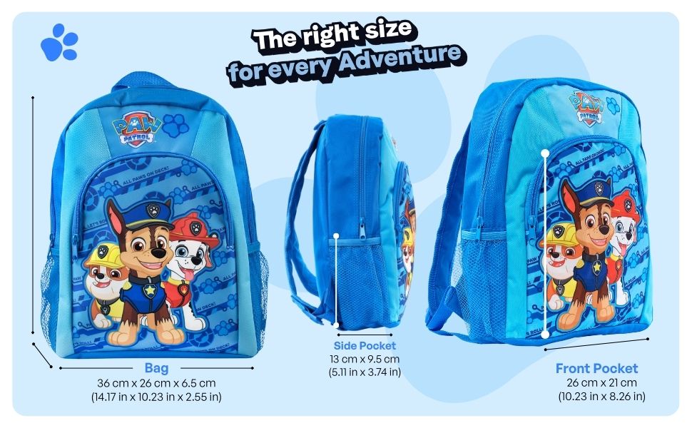 Text reads 'The right size for every Adventure'. Children's backpack shown from three angles featuring bright blue color scheme with cartoon character designs.
