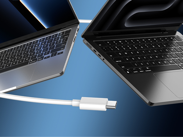 Two laptops side by side with charging cable connecting them, shown against blue background. Displays black keyboards and slim modern design.