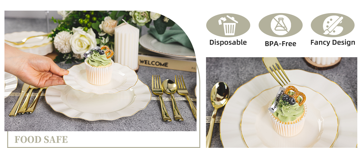 gold plastic plates and silverware