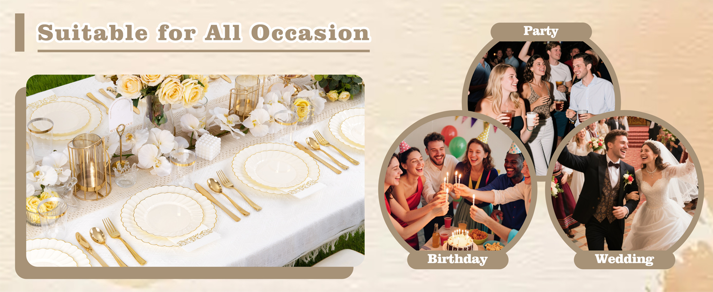 100 Pack Ivory Scalloped Plastic Plates - 7.25 Inch/10.25 Inch Gold Disposable Plates with Gold Rim