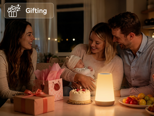 Rechargeable night light as gift for baby shower, happy family celebration scene with newborn baby