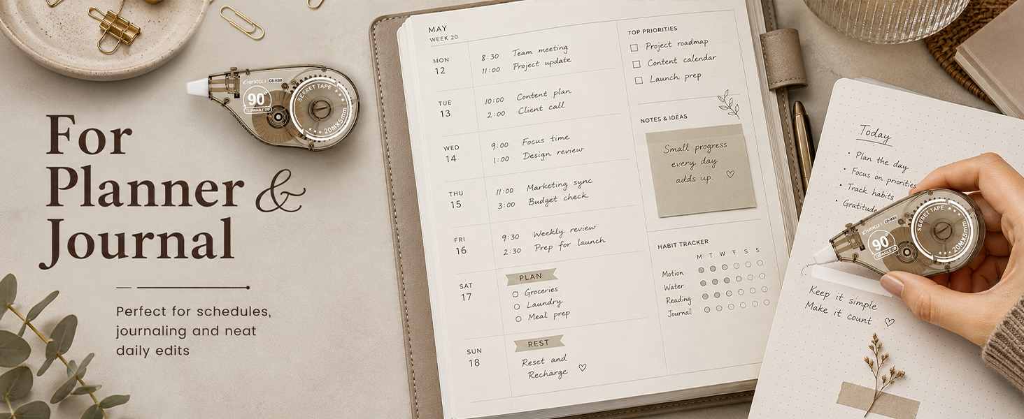 White correction tape on planner and journal pages for schedules, lists, and everyday clean edits.
