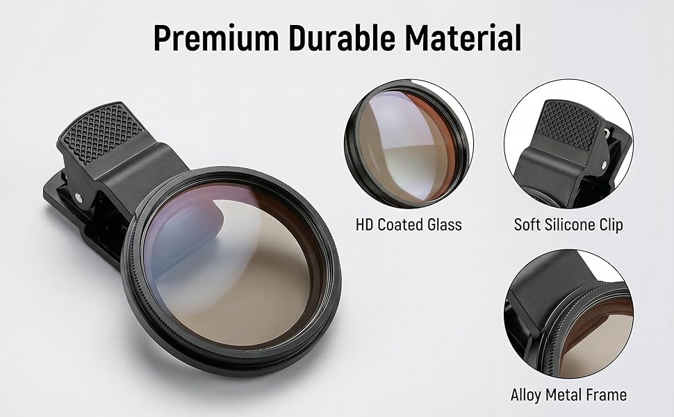 52mm clip-on CPL polarizing filter with black alloy frame and soft silicone phone clip