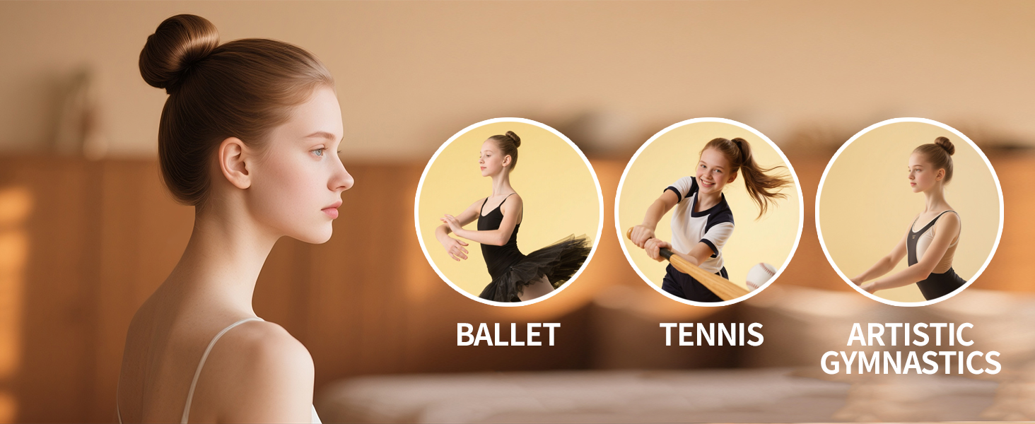 Activity icons showing different sports: 'BALLET', 'TENNIS', 'ARTISTIC', 'GYMNASTICS' arranged in circular emblems against a warm-toned background.