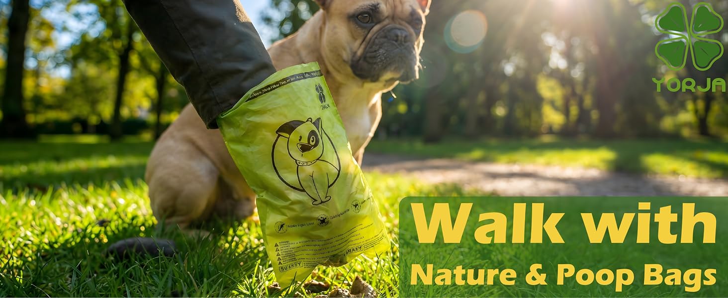 Text reads 'Walk with Nature & Poop Bags'. Close-up photo of hand holding green pet waste bag in sunny outdoor setting with grass