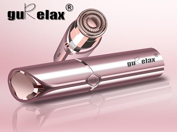 Gurelax metallic rose gold beauty device. Sleek cylindrical shape with detachable head. Reflective surface on pink background.