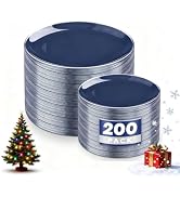 KIRE 200PCS Blue Plastic Plates with Silver Rim - Navy Blue Plastic Plates Include 100 Dinner & D...