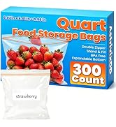 300 Count Quart Food Storage Bags, Reclosable Quart Bags with Double Zipper Seal, Plastic Food St...